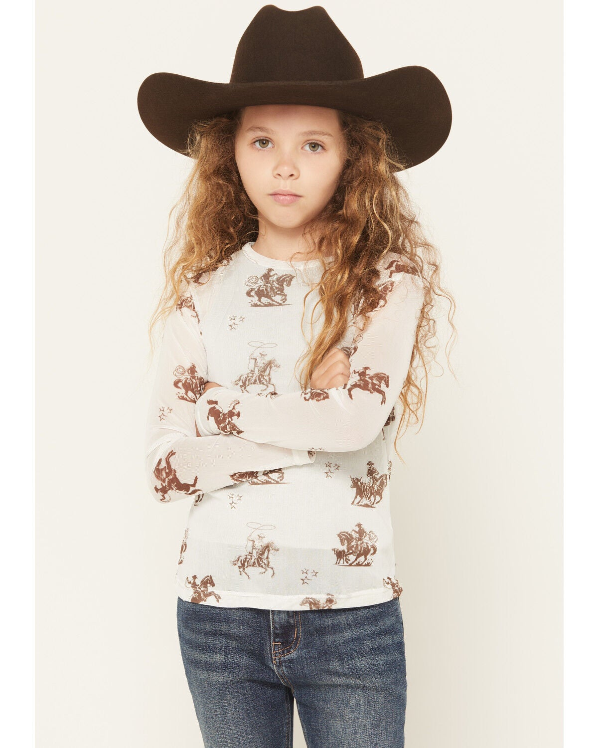 Cowgirl Hardware Girls' Desert Bronc Long Sleeve Mesh Top, White, hi-res