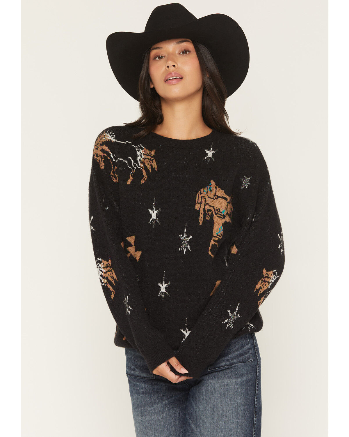 Rock & Roll Denim Women's Conversational Print Sweater, Black, hi-res