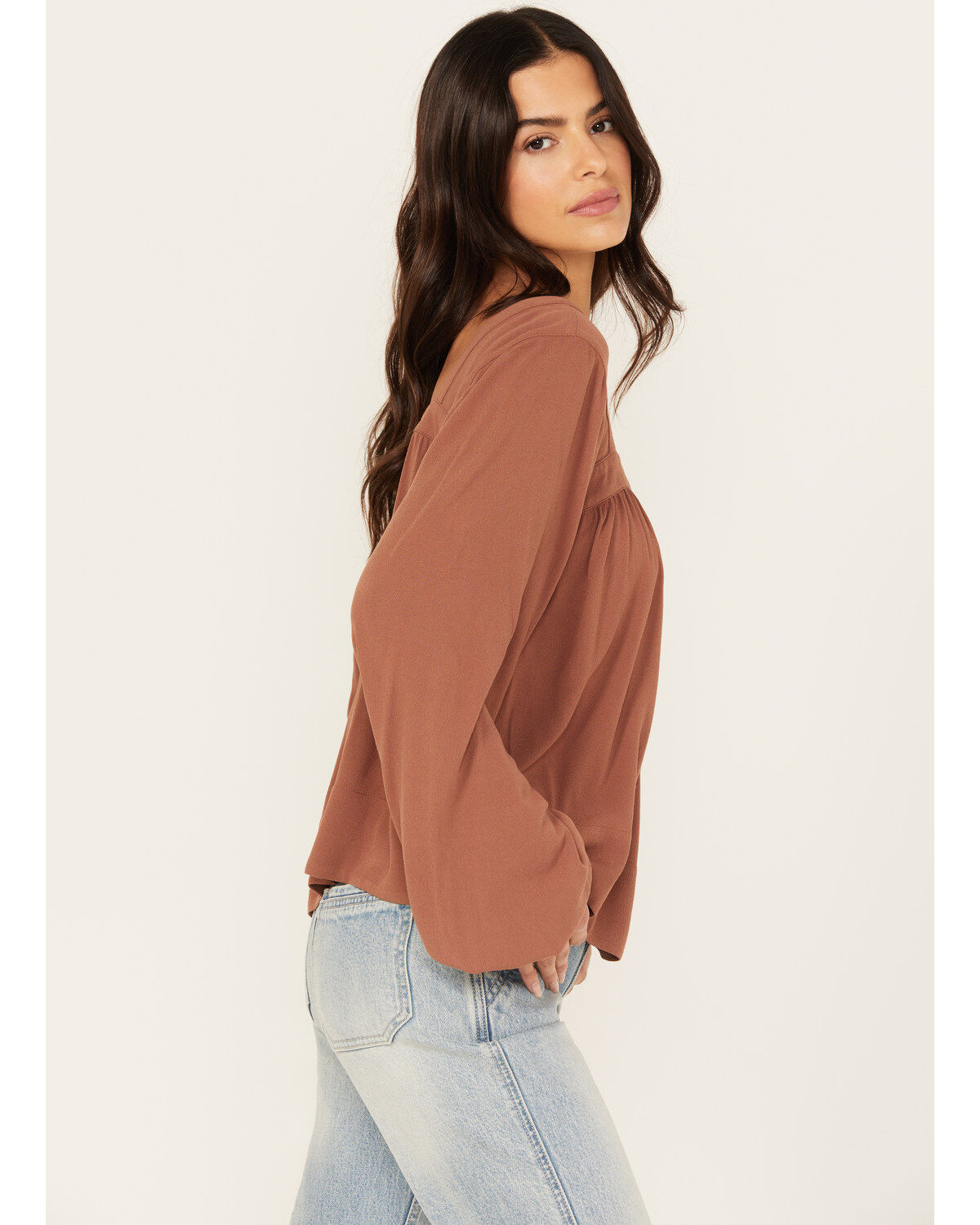 Image #2 - Cleo + Wolf Women's Long Sleeve Flowy Blouse, Coffee, hi-res