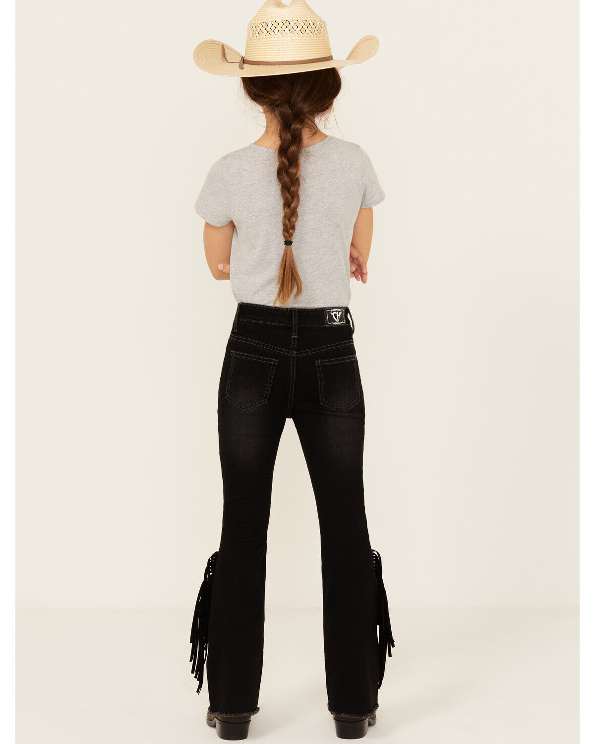Image #3 - Cowgirl Hardware Girls' Side Fringe Bell Bottom Stretch Denim Jeans, Black, hi-res