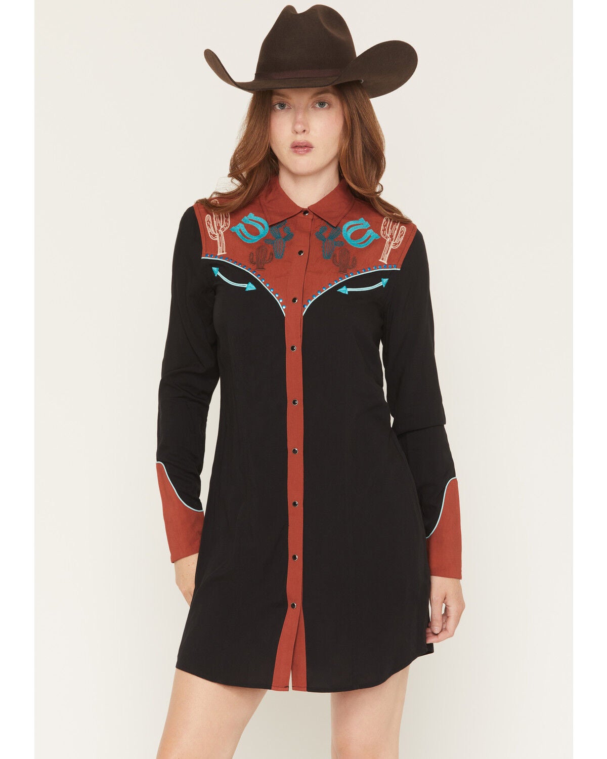 Panhandle Slim Women's Retro Desert Embroidered Long Sleeve Snap Western Mini Dress, Black, hi-res