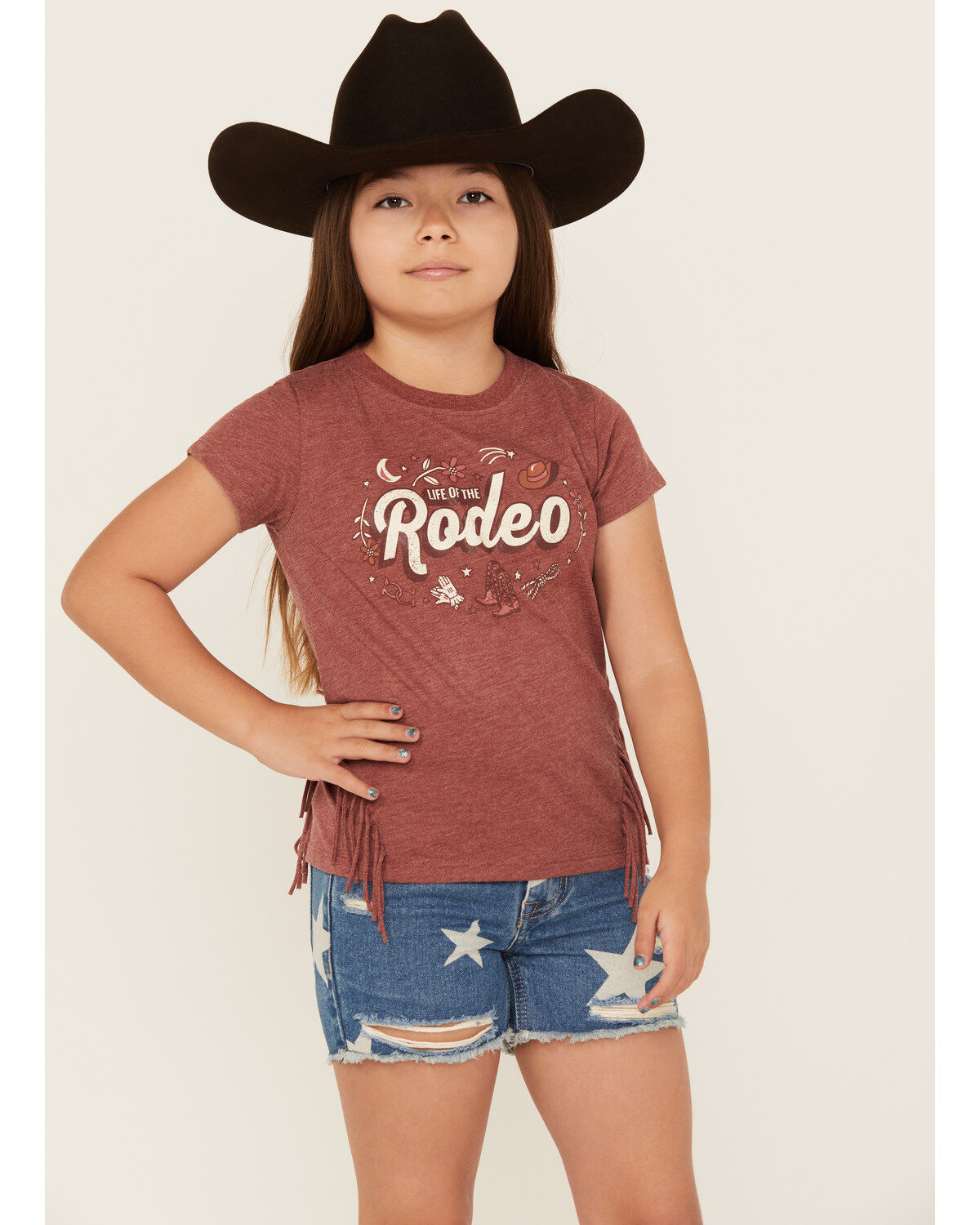 Image #1 - Shyanne Girls' Life of the Rodeo Short Sleeve Graphic Tee, Dark Red, hi-res