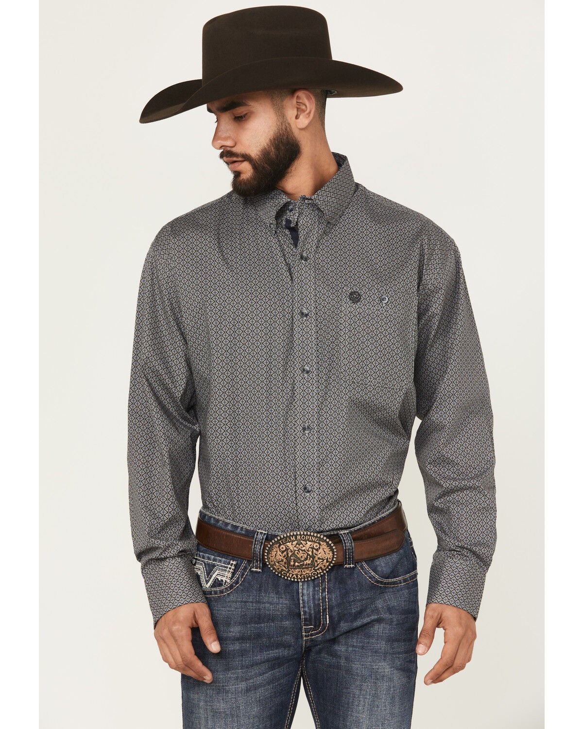 Wrangler Men's Micro Geo Print Long Sleeve Button-Down Western Shirt, Black, hi-res