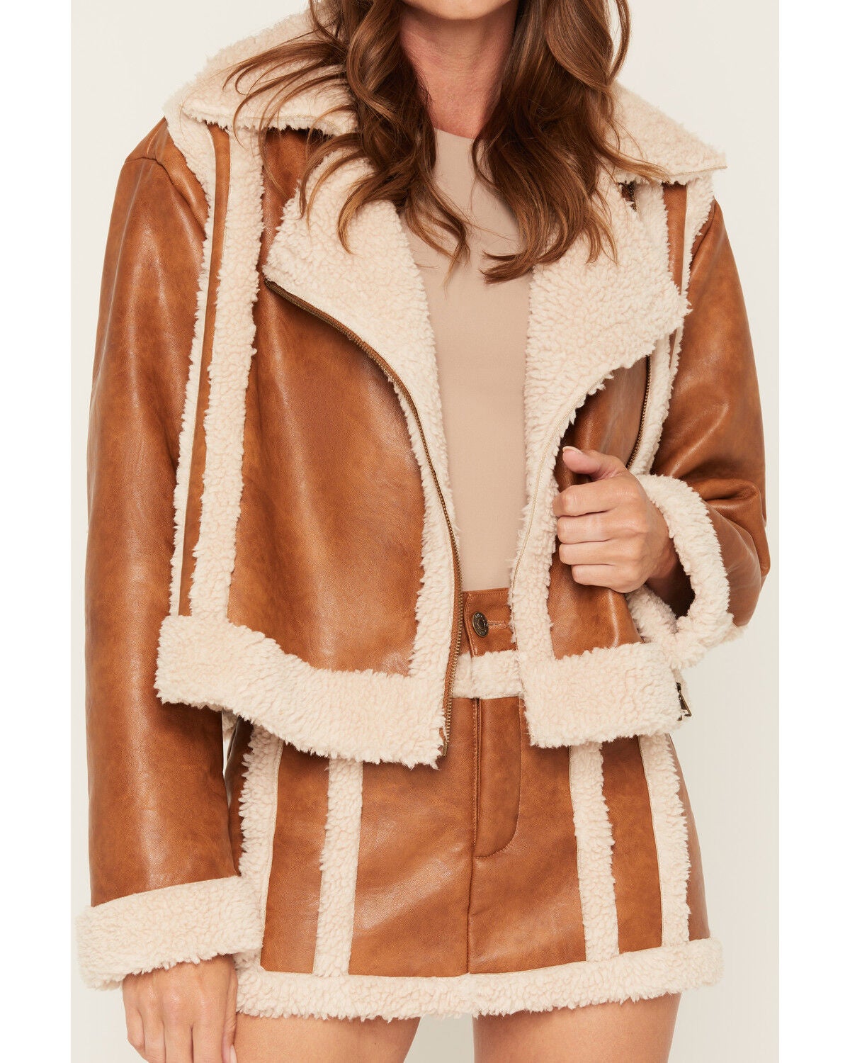 Image #6 - Show Me Your Mumu Women's Laurel Canyon Sherpa Faux Leather Skort, Cognac, hi-res
