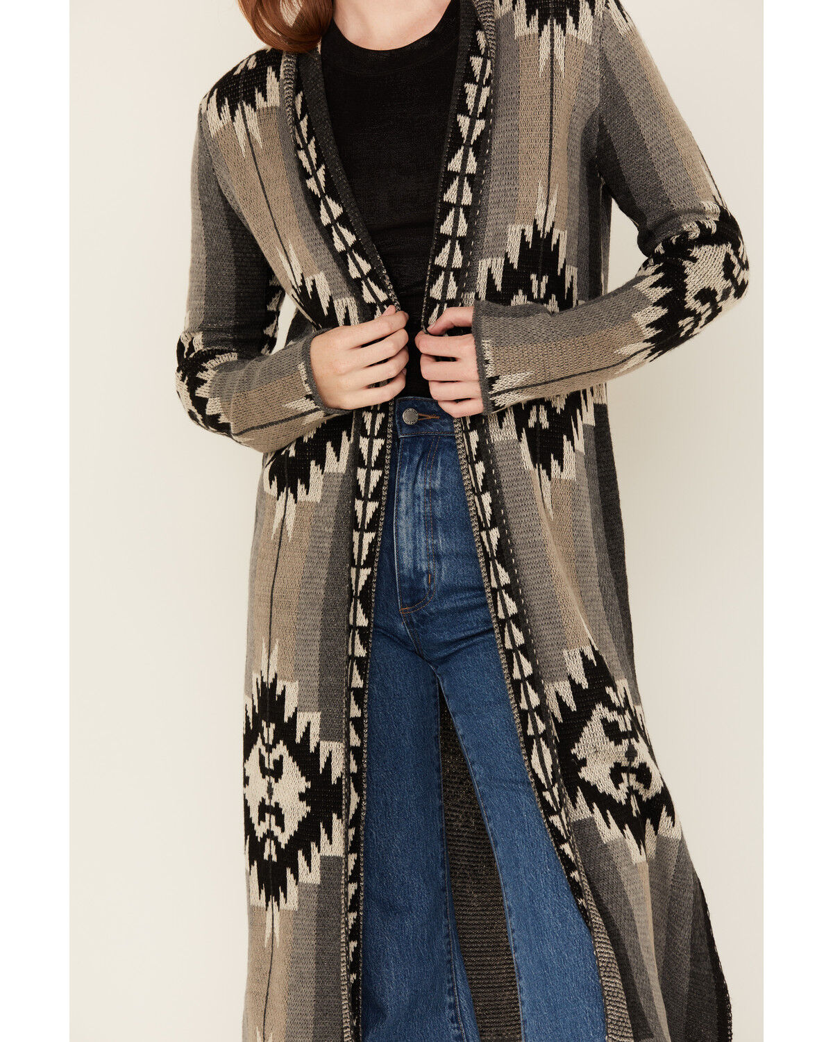Image #3 - Rock & Roll Denim Women's Southwestern Print Duster Cardigan, Black, hi-res