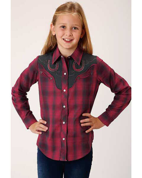 Image #1 - Roper Girls' Red Plaid Horseshoe Long Sleeve Western Shirt, , hi-res
