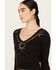 Shyanne Women's Long Sleeve Cutwork Front Tie Top, Black, hi-res