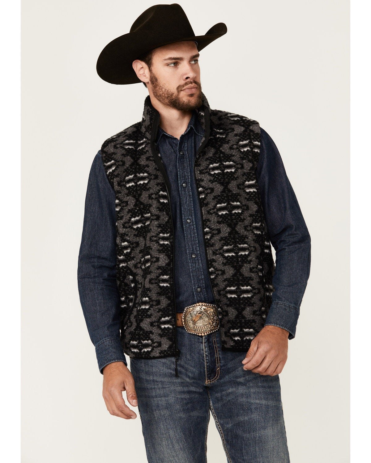 Rock & Roll Denim Men's Southwestern Print Berber Vest, Black, hi-res