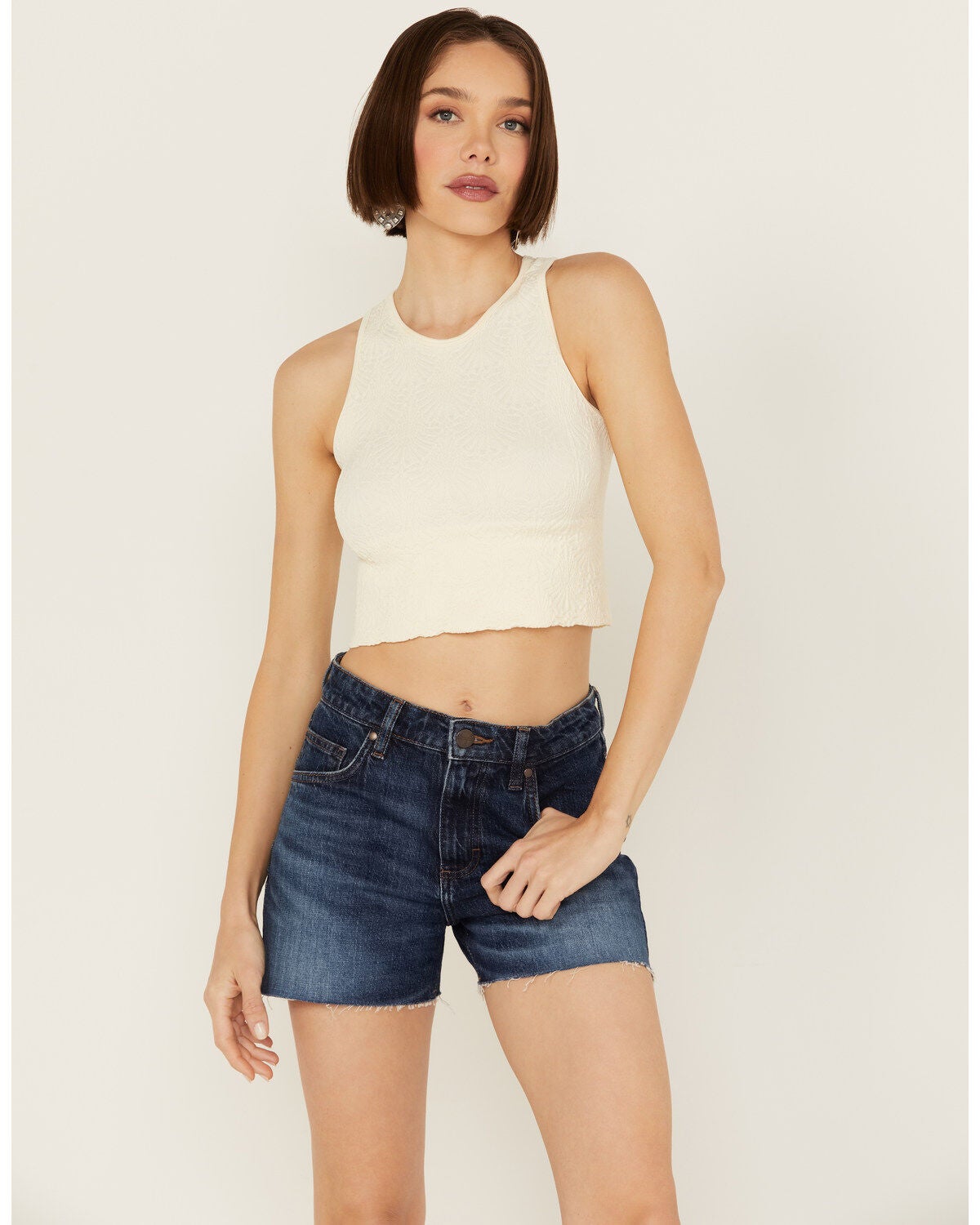 Fornia Women's Floral High Neck Cropped Top, White, hi-res