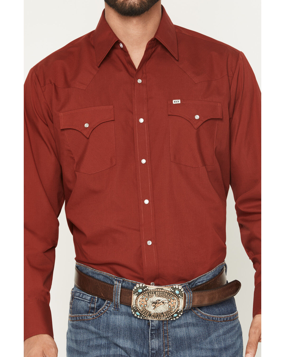 Image #3 - Ely Walker Men's Solid Long Sleeve Snap Stretch Western Shirt, Red, hi-res