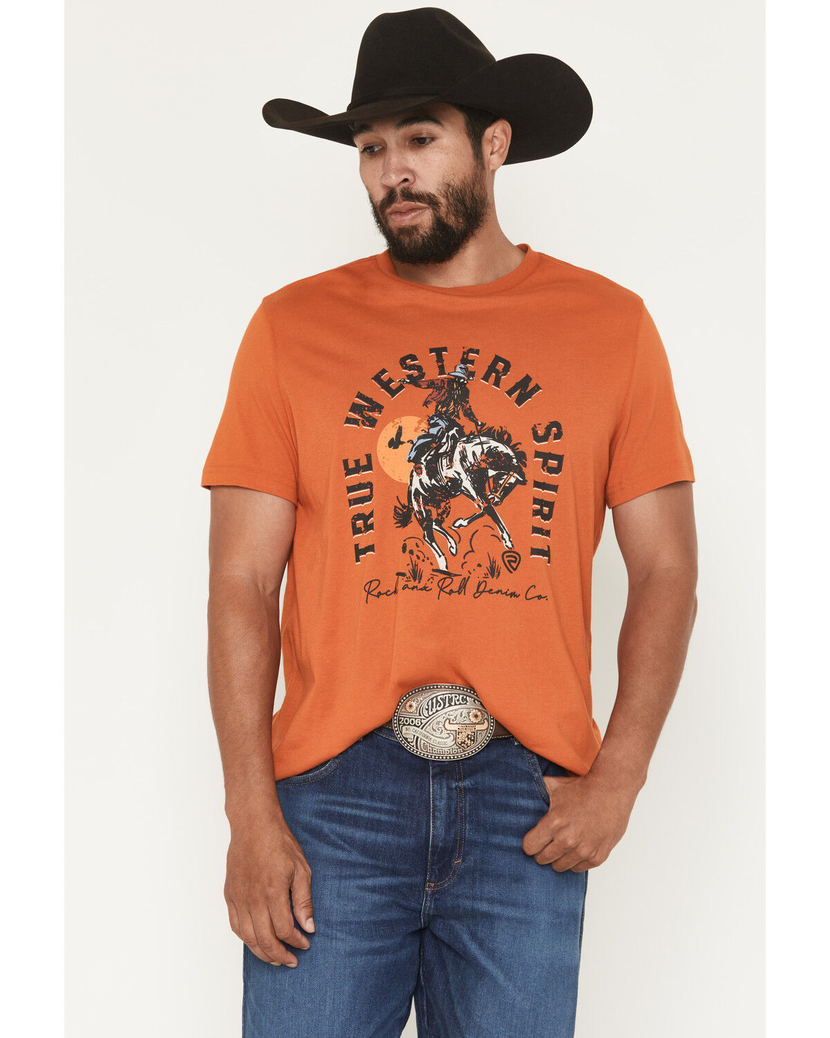 Image #1 - Rock & Roll Denim Men's Bronco Rider Short Sleeve Graphic T-Shirt, Orange, hi-res