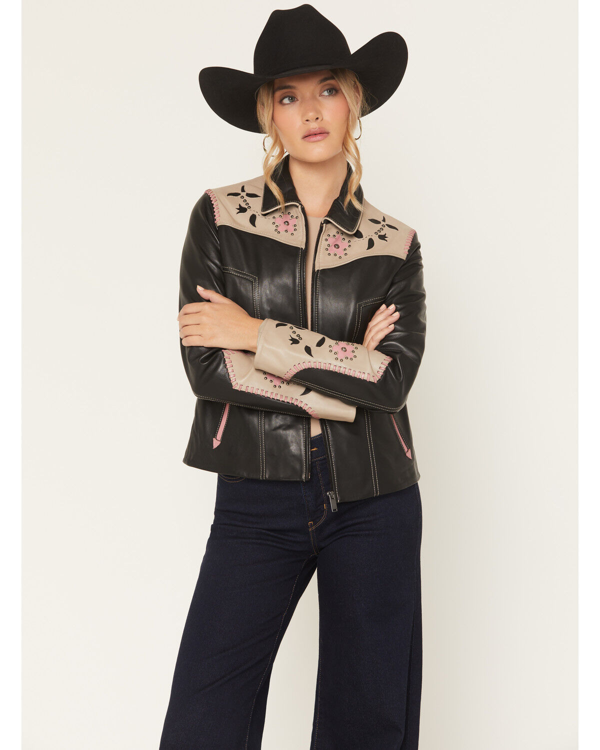 Image #1 - Scully Women's Floral Embellished Leather Jacket, Black, hi-res