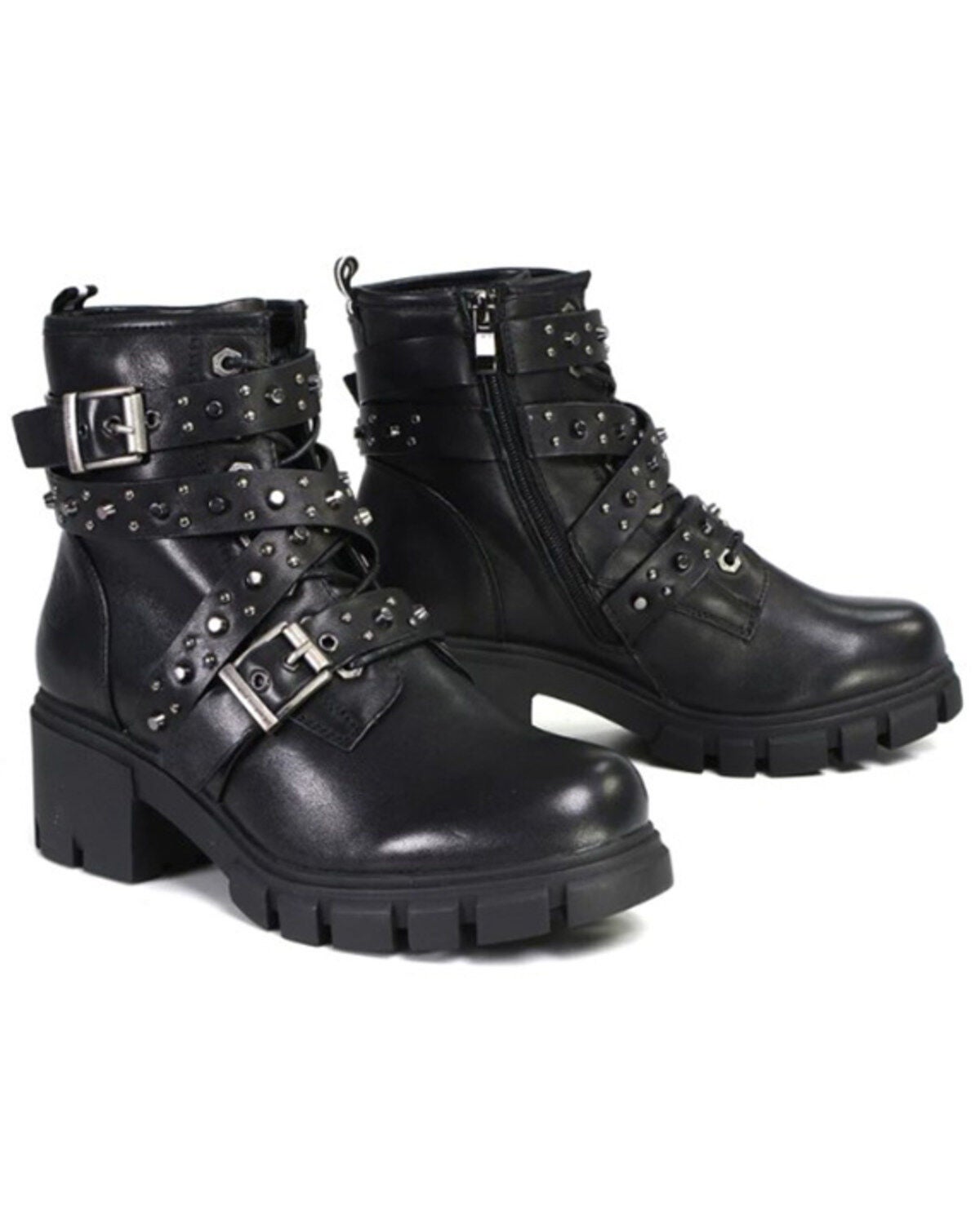 Milwaukee Leather Women's Bruiser Leather Lace-to-Toe Studded Motorcycle Boots - Round Toe, Black, hi-res