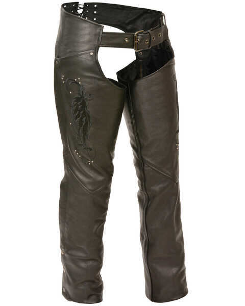 Milwaukee Leather Women's Embroidered Wing & Rivet Leather Chaps - 5X, Black, hi-res