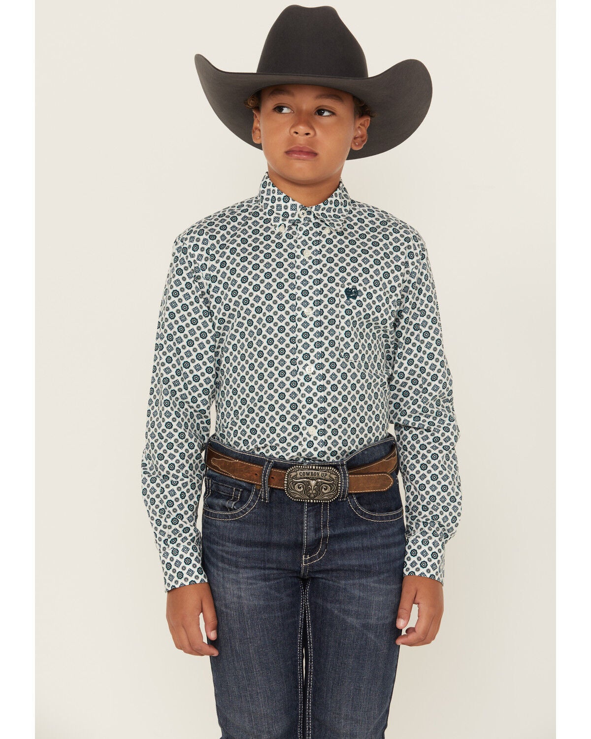 Cinch Boys' Printed Long Sleeve Button-Down Western Shirt, Cream, hi-res