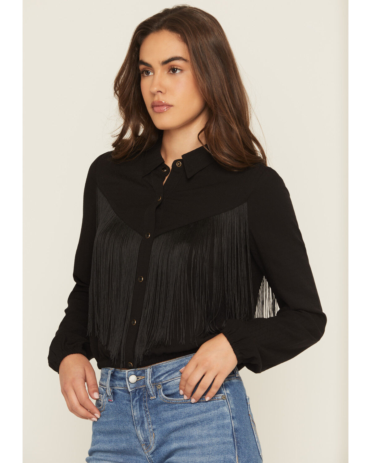 Image #2 - Idyllwind Women's Richfield Fringe Long Sleeve Snap Western Shirt, Black, hi-res