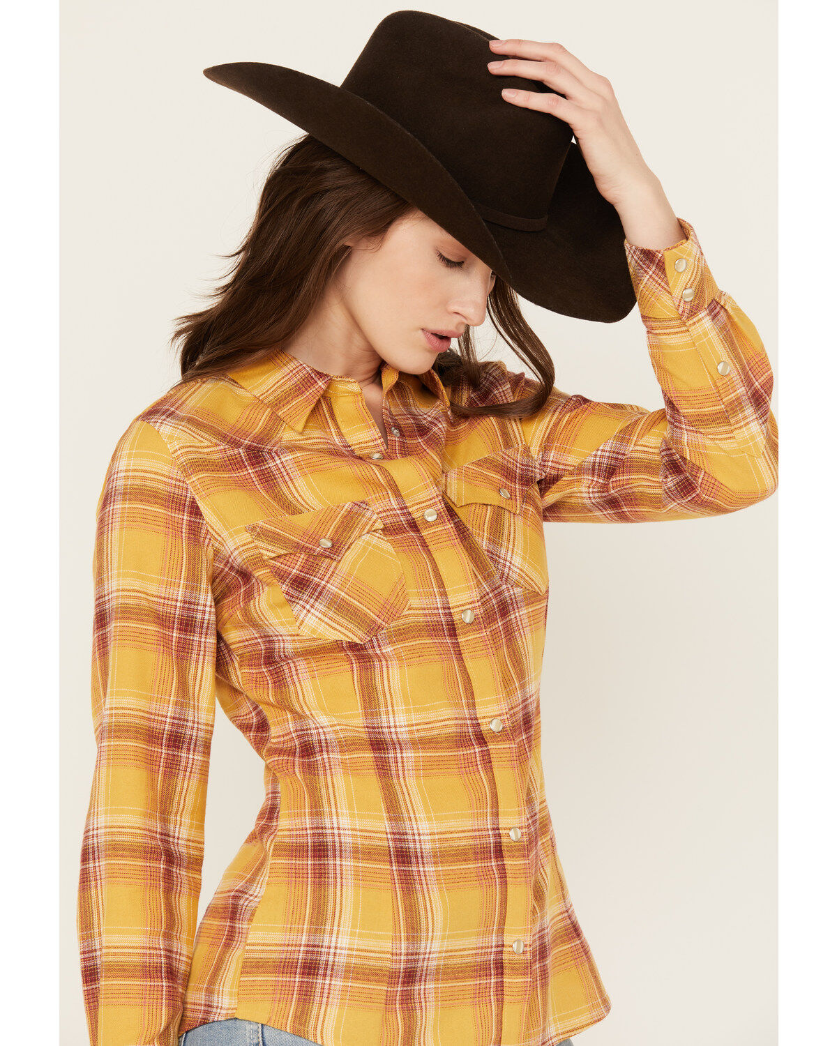Image #2 - Wrangler Retro Women's Boot Barn Exclusive Long Sleeve Snap Flannel Shirt, Mustard, hi-res