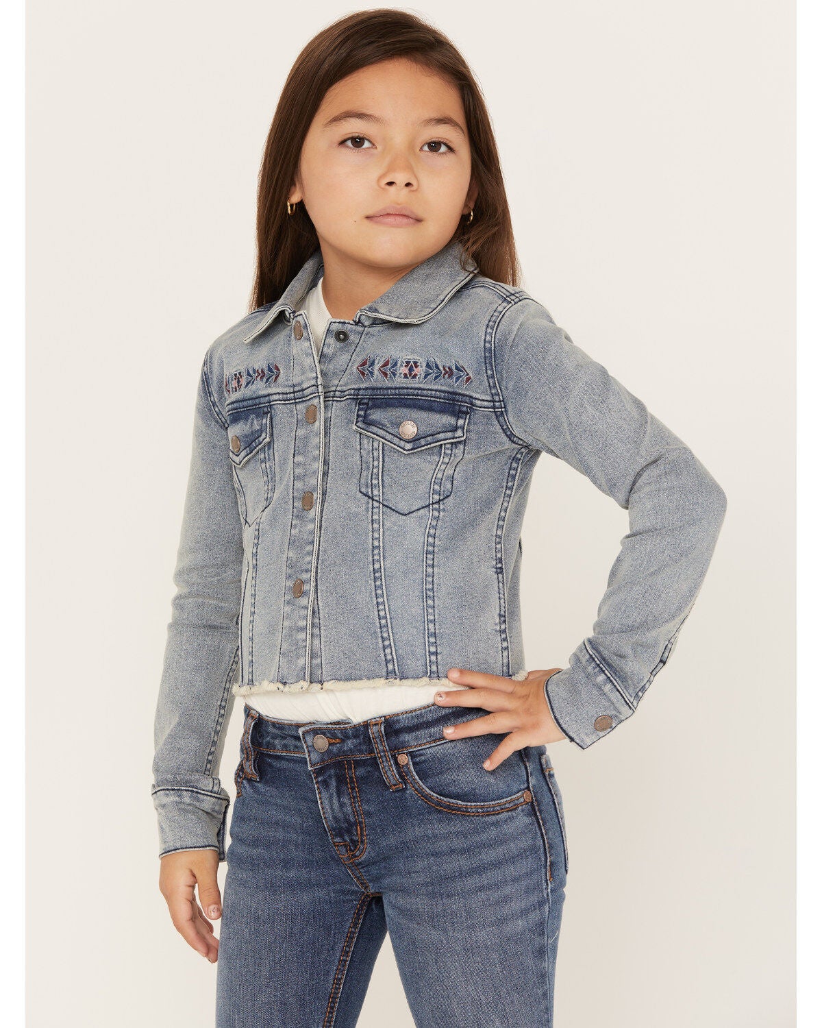 Shyanne Girls' Forks Light Wash Frayed Embroidered Denim Jacket, Medium Wash, hi-res