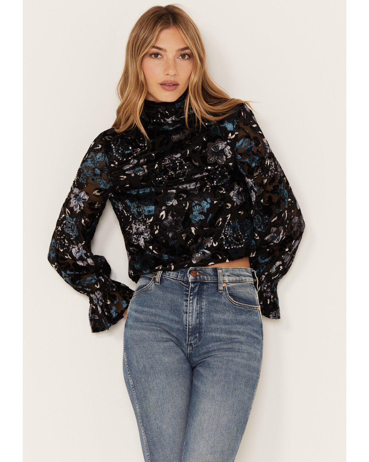 Shyanne Women's Burnout Floral Velvet Blouse, Black, hi-res