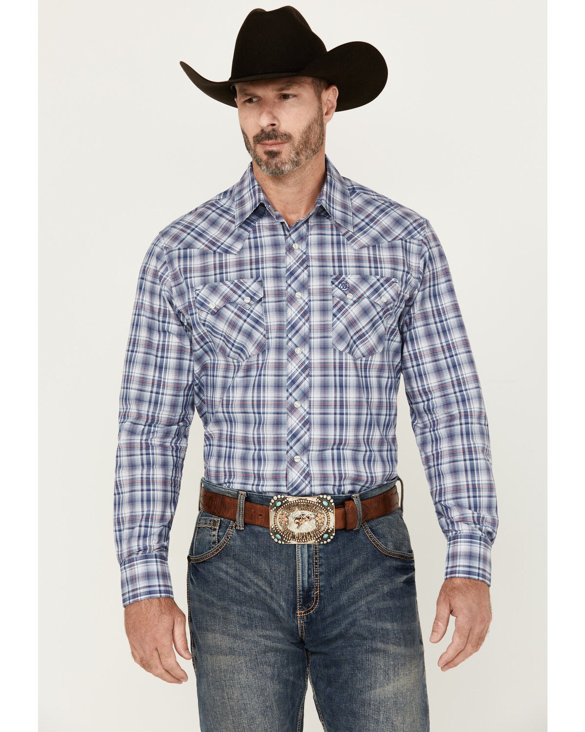 Wrangler Retro Men's Plaid Print Long Sleeve Snap Western Shirt, Blue, hi-res