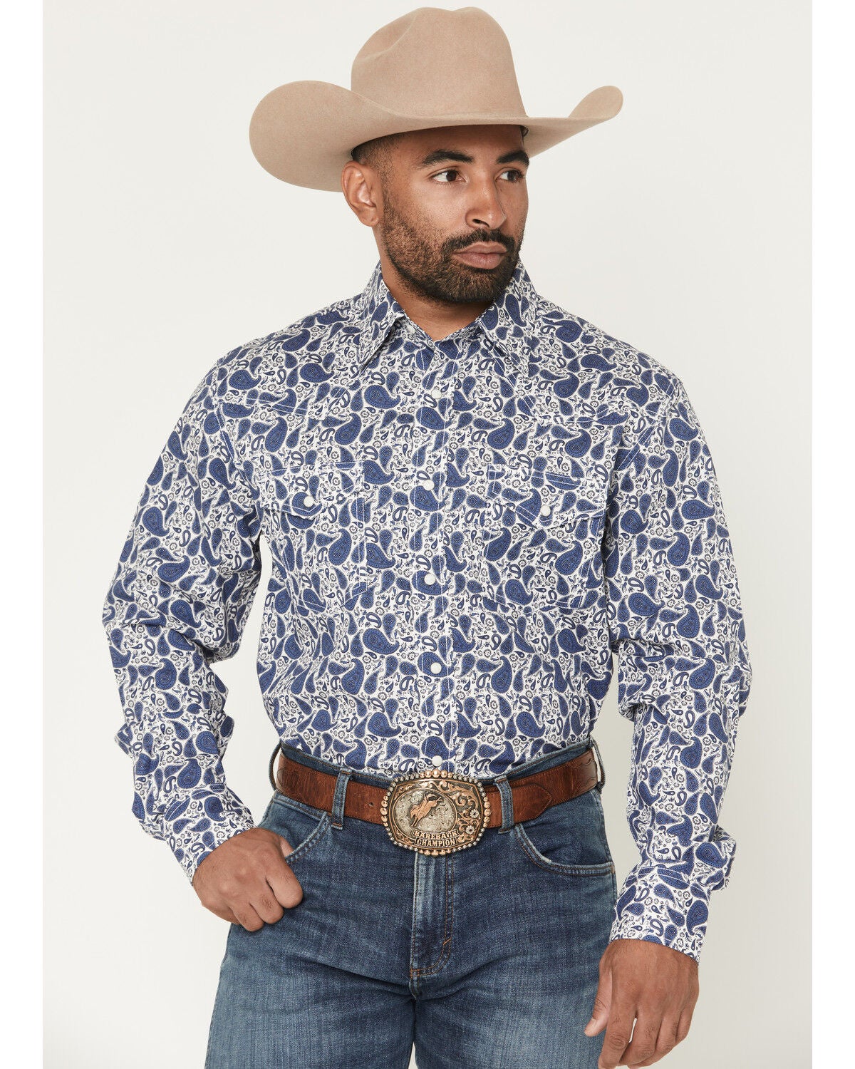 Wrangler 20X Men's Paisley Print Long Sleeve Snap Stretch Western Shirt, White, hi-res