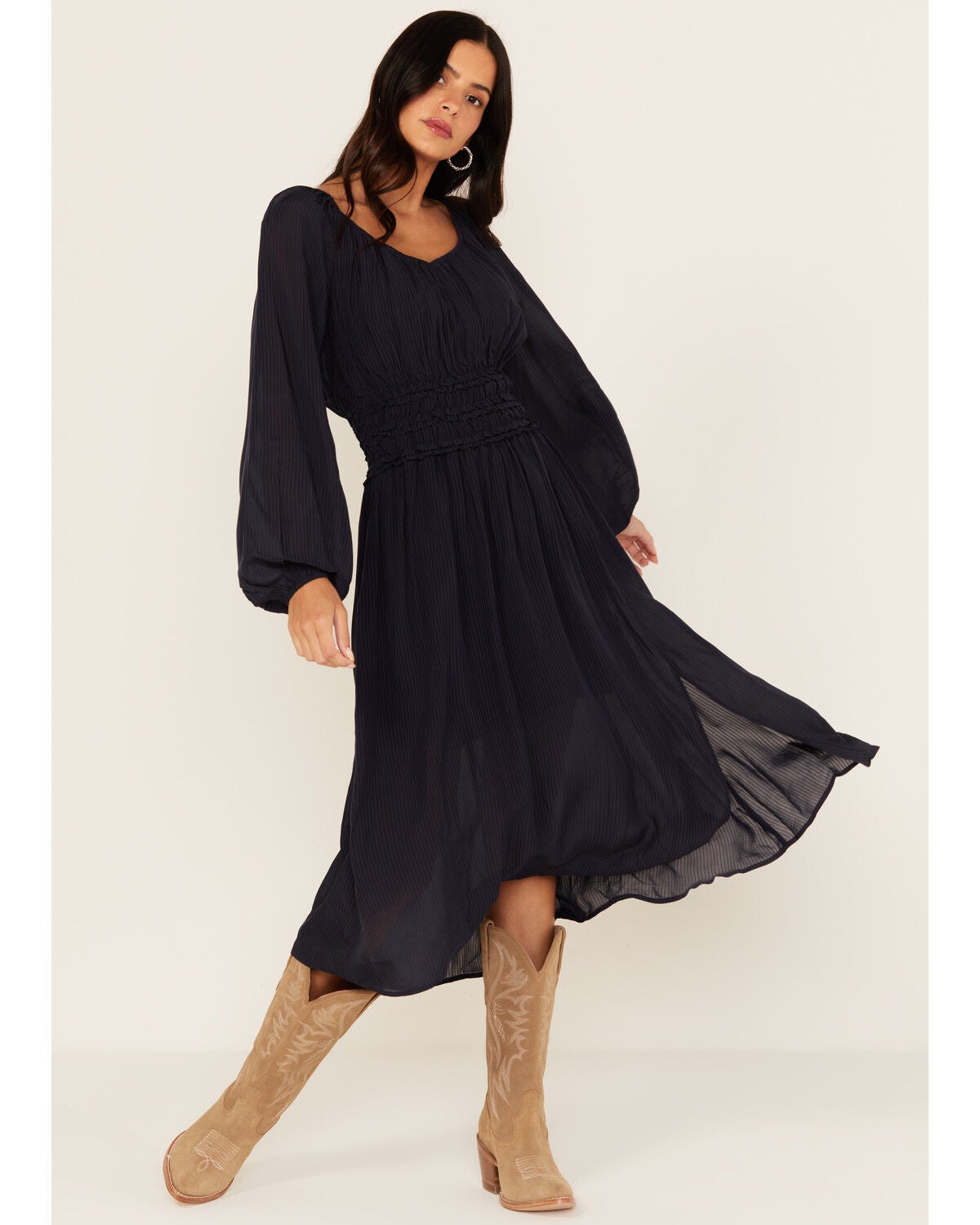 Shyanne Women's Striped Long Sleeve Slit Front Midi Dress, Indigo, hi-res