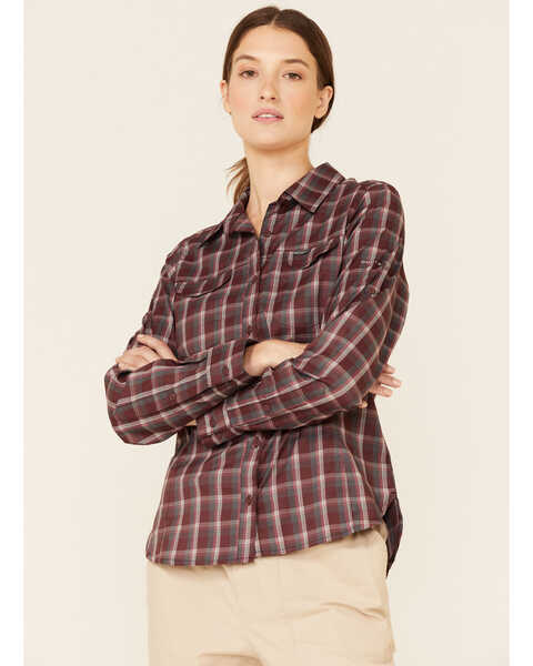 Columbia Women's Malbec Plaid Print Ridge Lite Long Sleeve Button-Down Western Shirt , Burgundy, hi-res