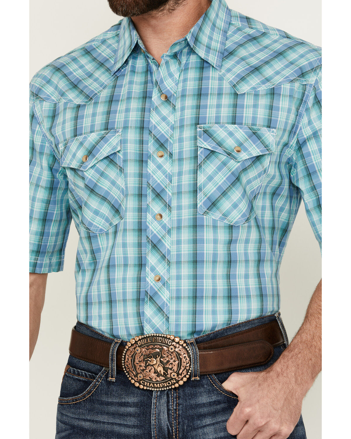 Image #3 - Wrangler 20X Men's Plaid Print Short Sleeve Snap Stretch Western Shirt - Tall, Blue, hi-res
