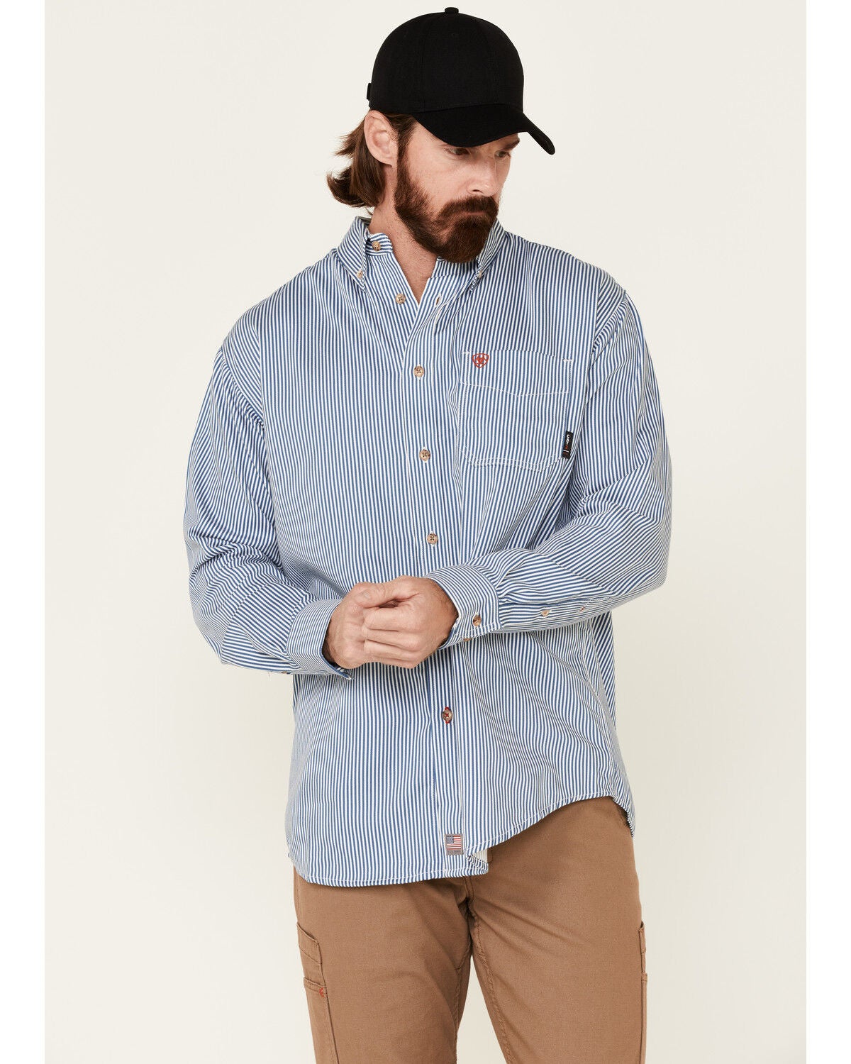 Ariat Men's FR Striped Long Sleeve Button-Down Work Shirt - Big, Blue, hi-res
