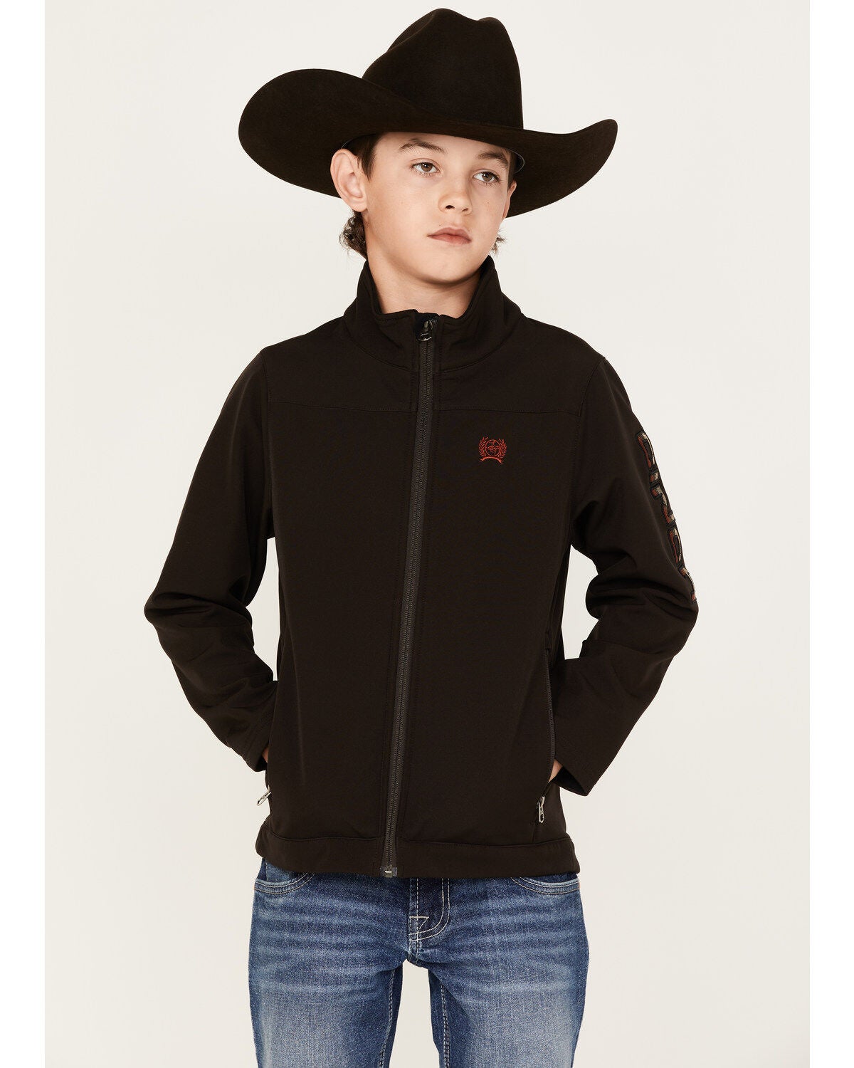 Cinch Boys' Logo Bonded Softshell Jacket, Brown, hi-res