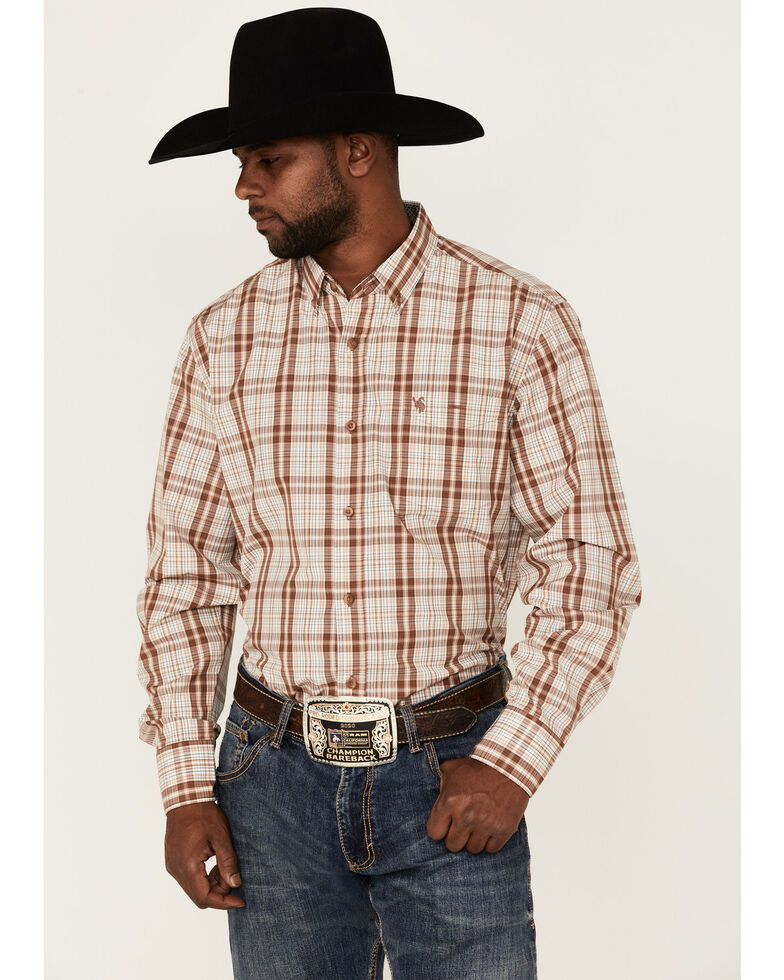 Rodeo Clothing Men's Small Plaid Long Sleeve Button-Down Western Shirt , Tan, hi-res