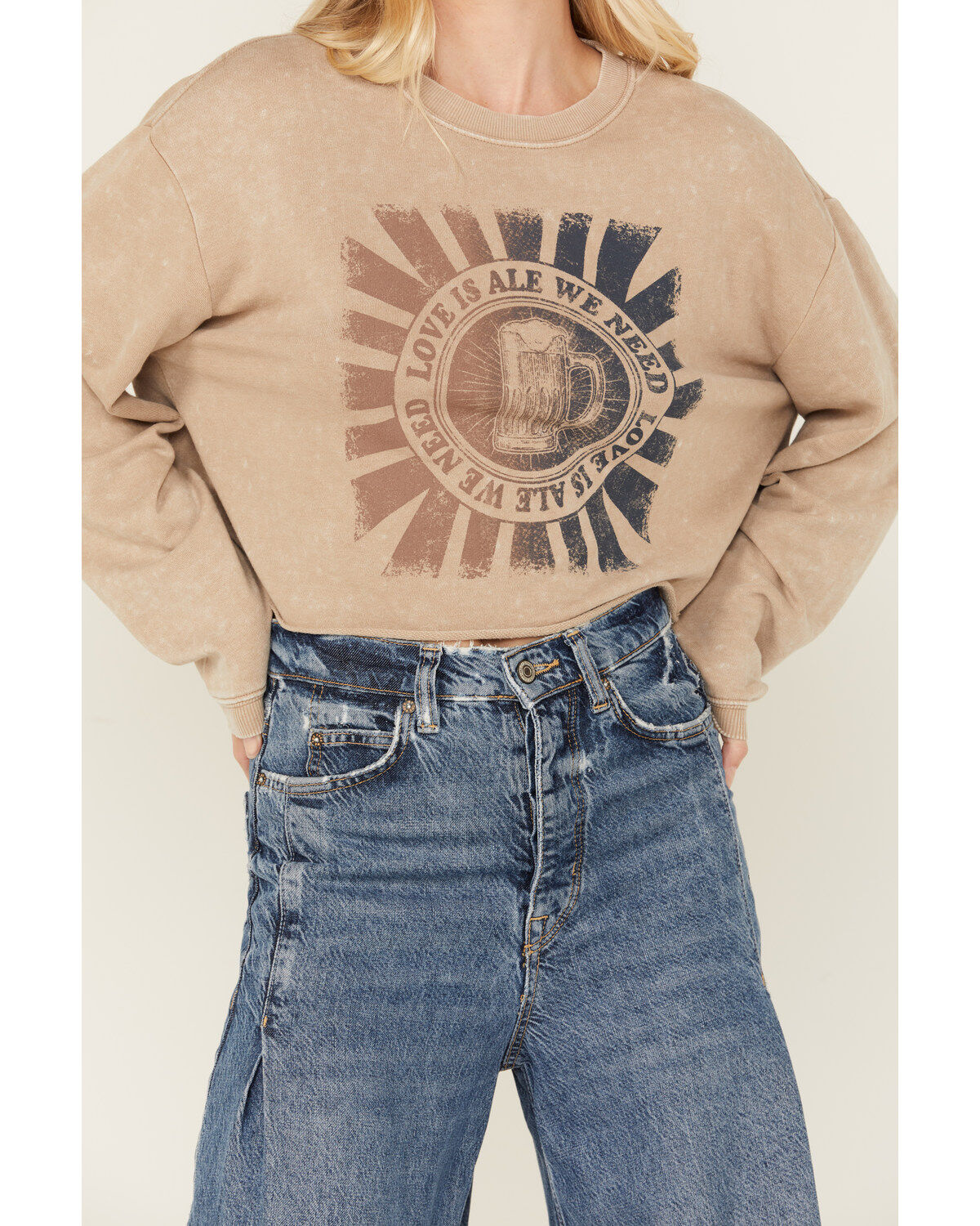 Image #2 - Cleo + Wolf Women's Love is Ale We Need Cropped Graphic Sweatshirt, Taupe, hi-res