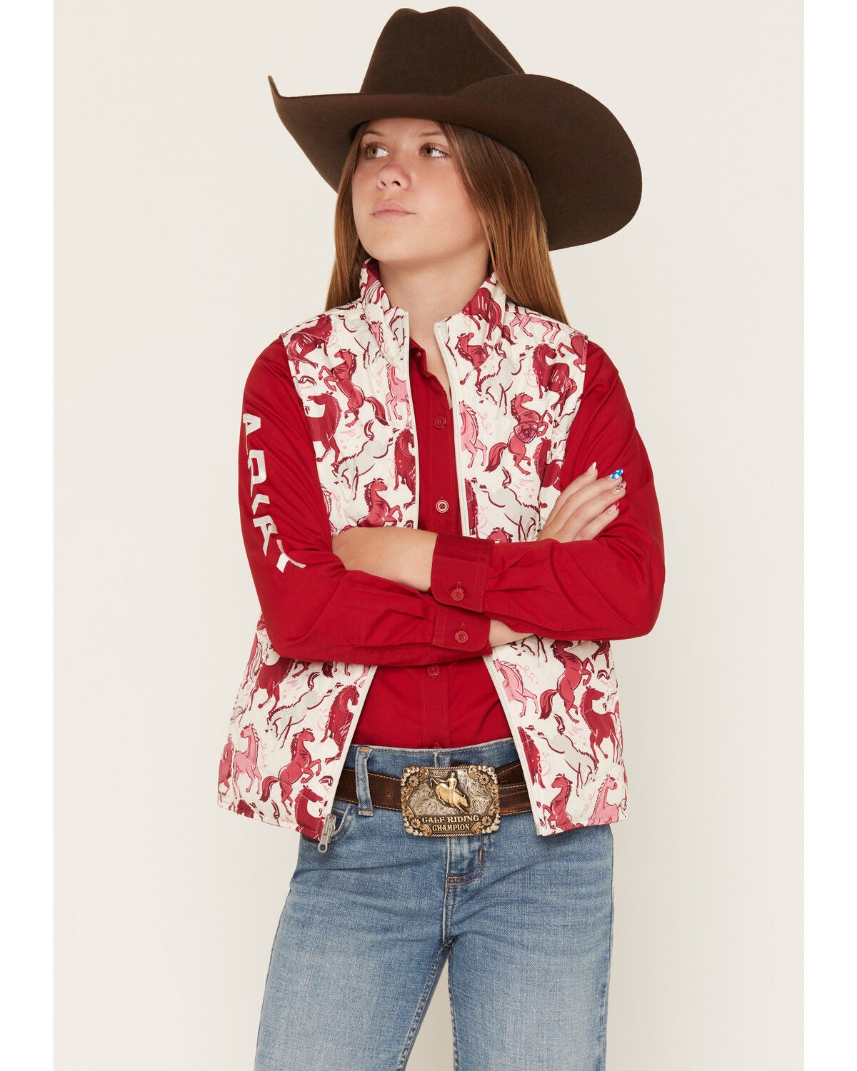 Ariat Girls' Bella Reversible Horse Print Vest, Multi, hi-res