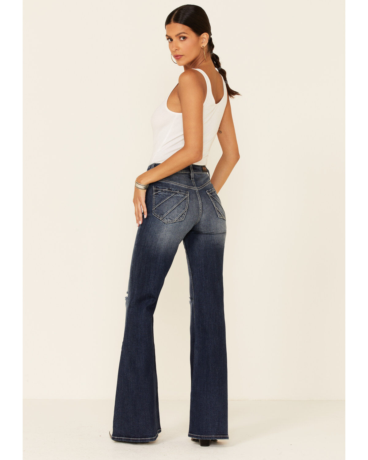 Image #4 - Shyanne Women's Dark High Rise Flare Distressed Knee Flare Stretch Denim Jeans, , hi-res