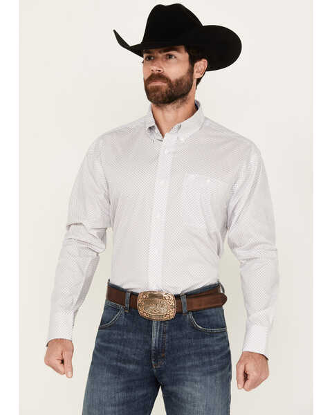 George Strait by Wrangler Men's Geo Print Long Sleeve Button-Down Western Shirt, White, hi-res