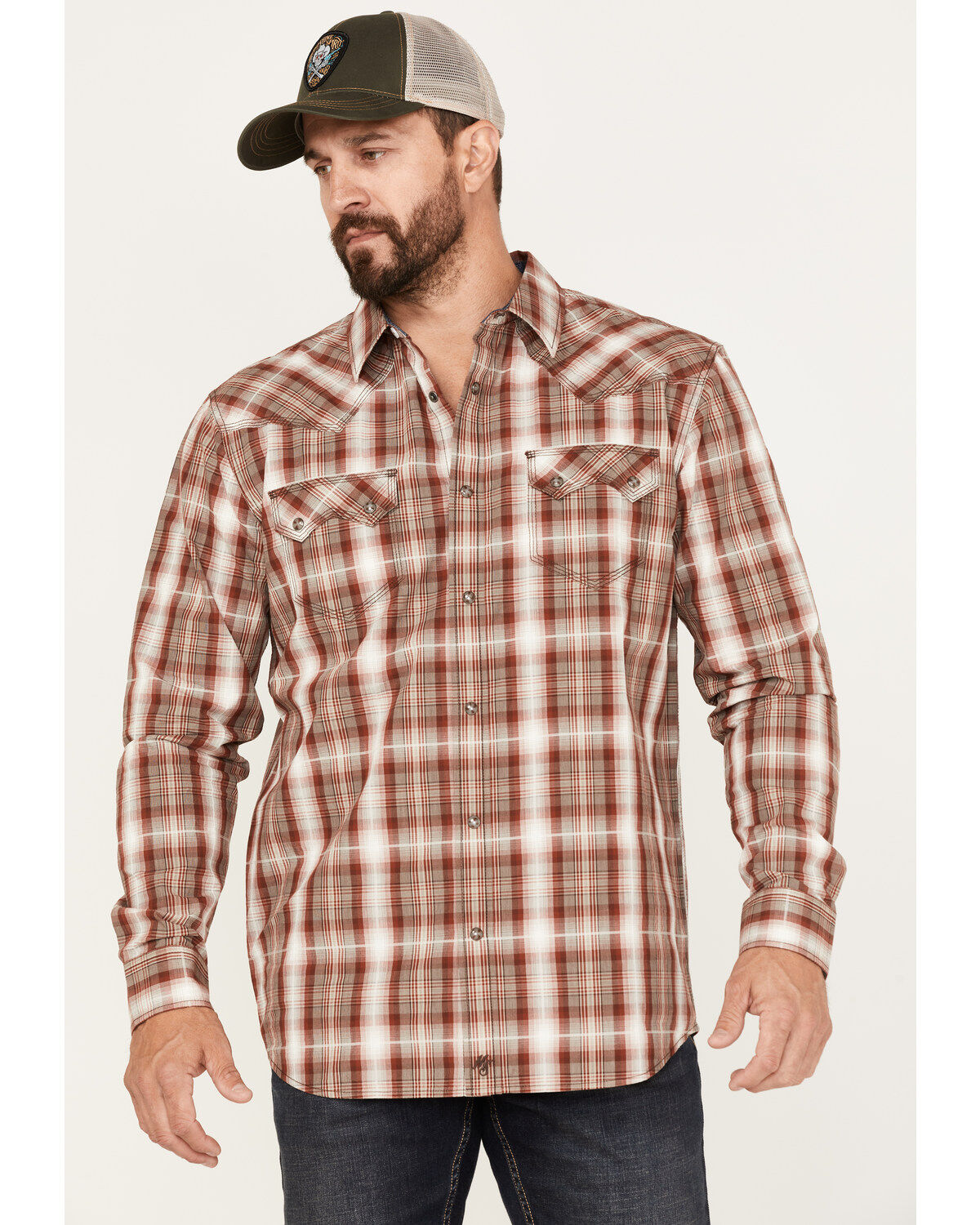Image #2 - Moonshine Spirit Men's Rusty Gate Plaid Print Snap Western Shirt, Rust Copper, hi-res