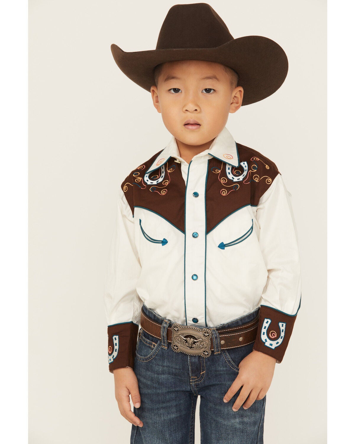 Rockmount Ranchwear Boys' Embroidered Long Sleeve Pearl Snap Western Shirt, Ivory, hi-res