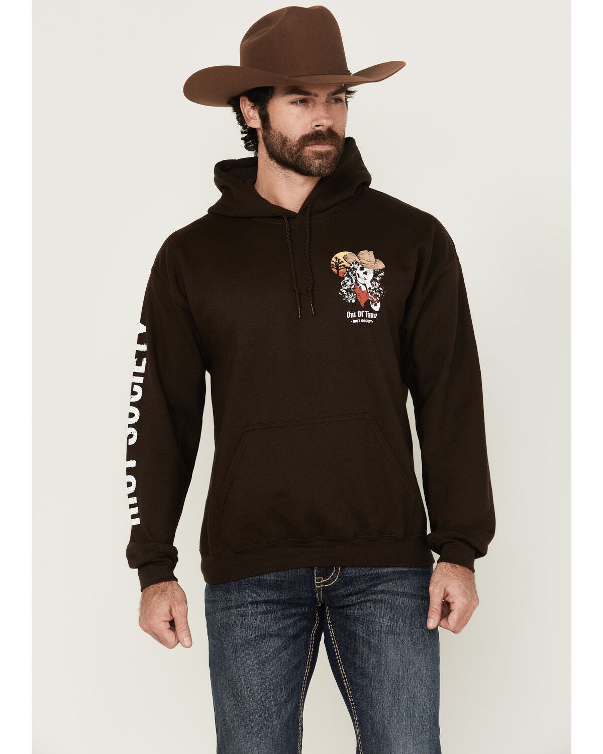 Riot Society Men's Boot Barn Exclusive Out of Time Cowgirl Graphic Hooded Sweatshirt, Dark Brown, hi-res