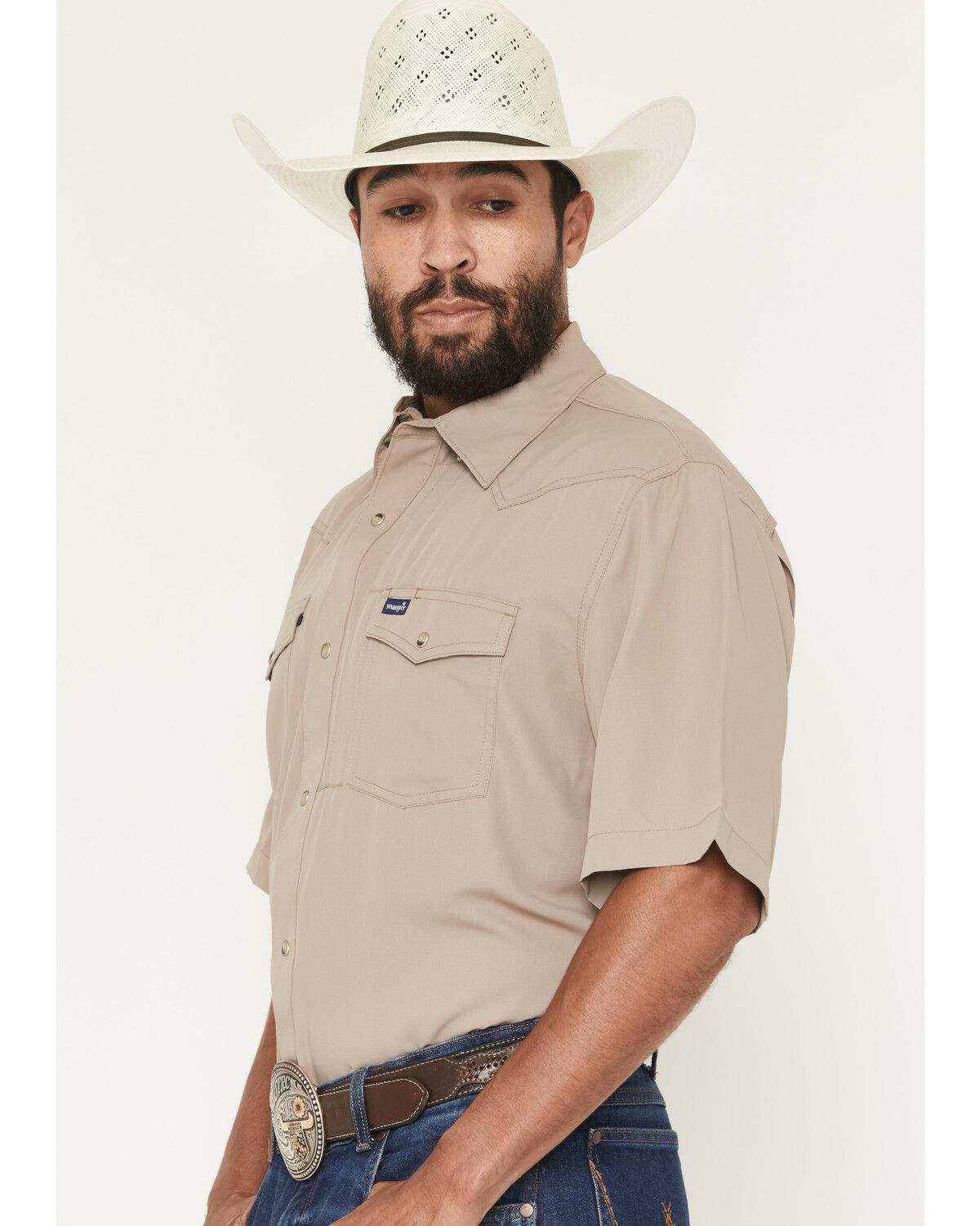 Image #2 - Wrangler Men's Solid Short Sleeve Snap Performance Western Shirt, Tan, hi-res