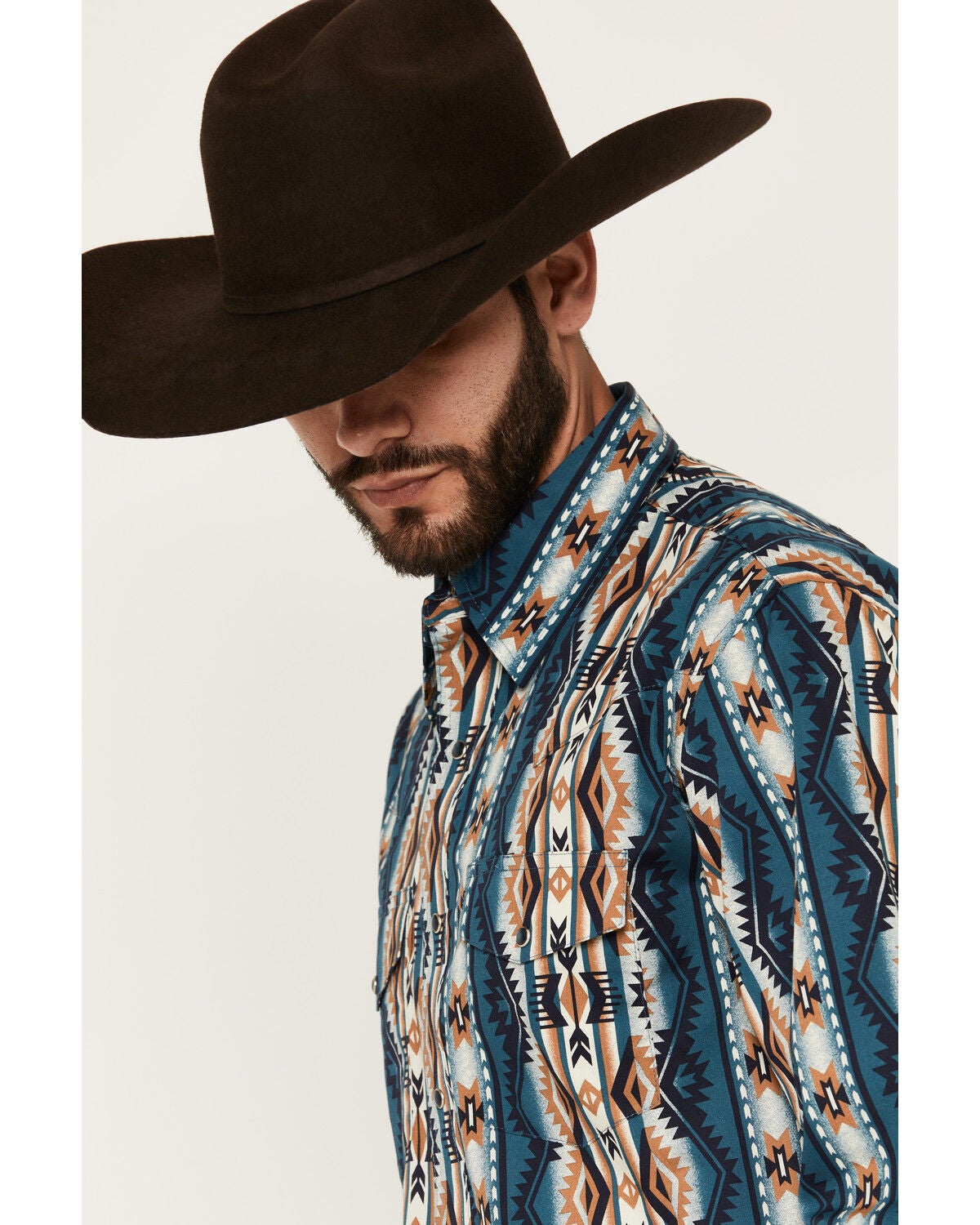 Image #2 - Wrangler Men's Checotah Southwestern Striped Long Sleeve Pearl Snap Western Shirt - Tall, Teal, hi-res