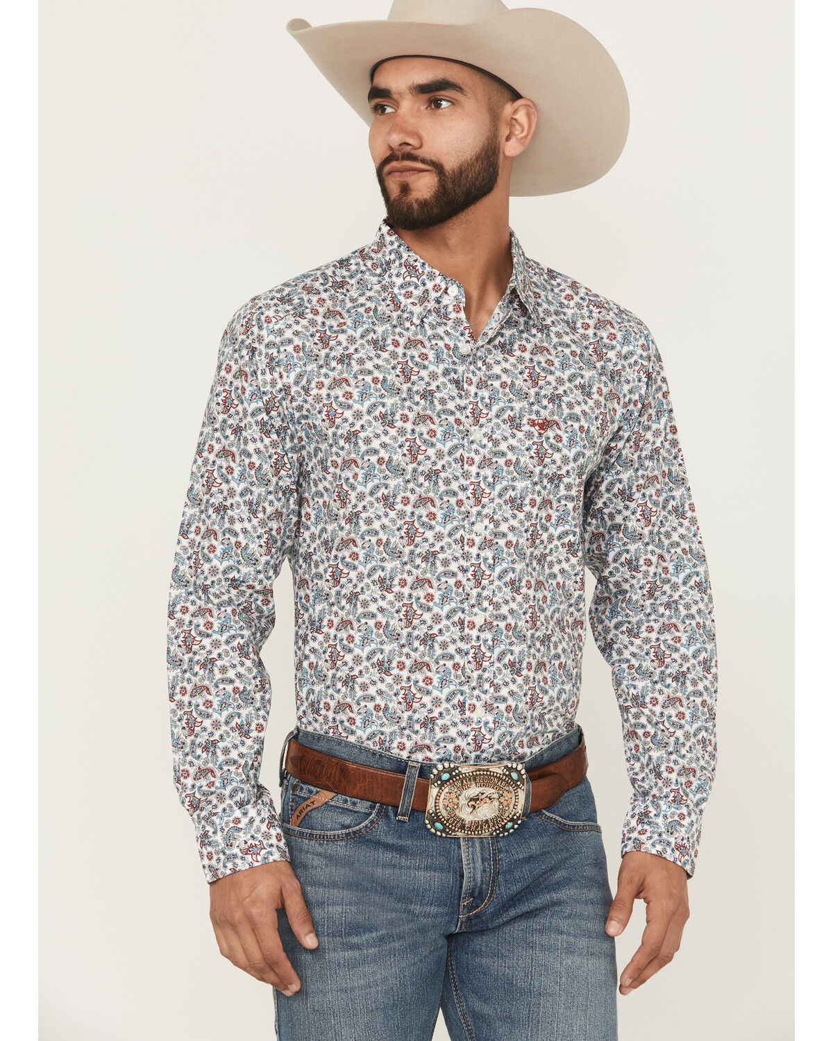 Image #1 - Ariat Men's Stiles Paisley Print Fitted Long Sleeve Button-Down Western Shirt, Light Blue, hi-res