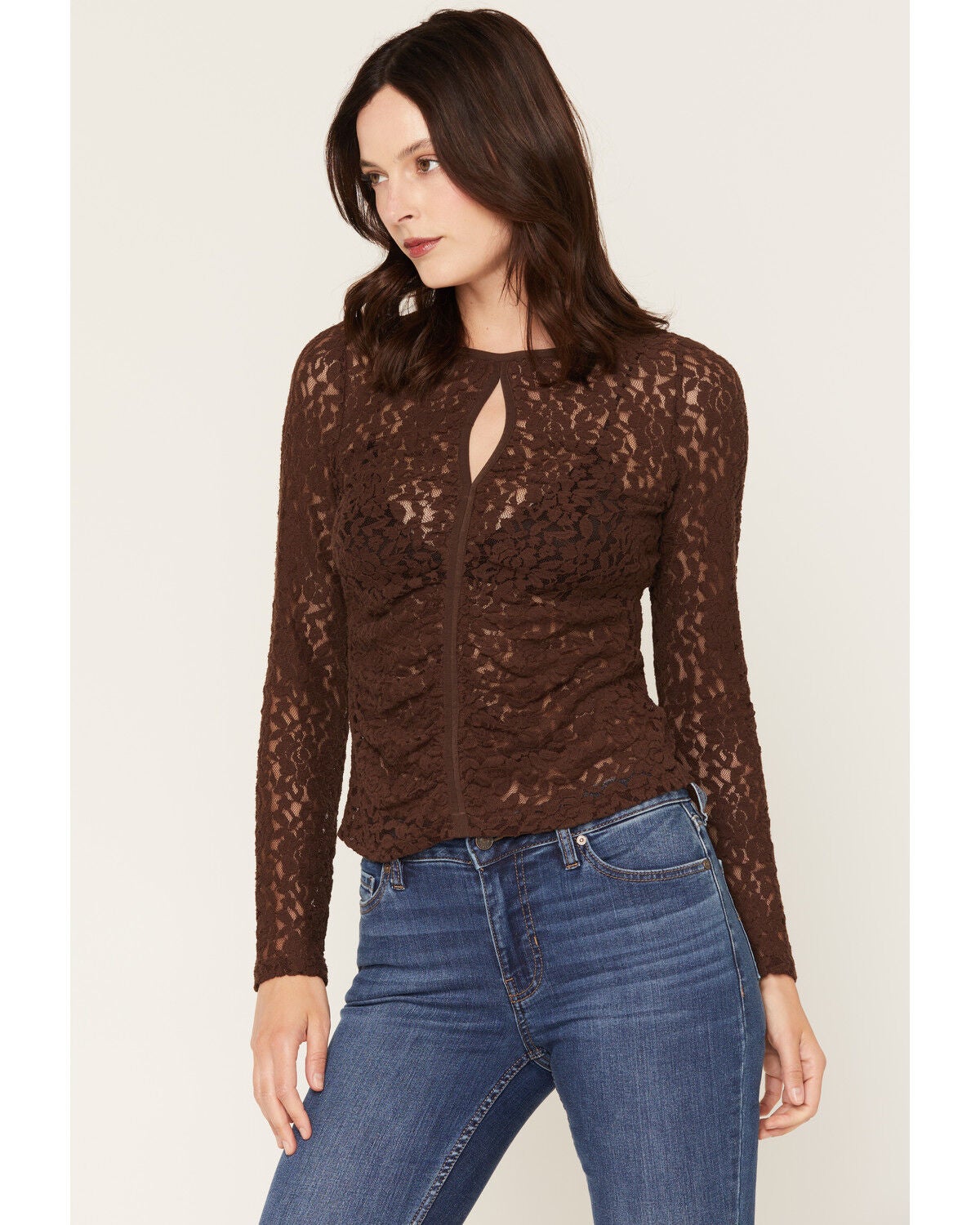 Image #2 - Shyanne Women's Ashley Long Sleeve Lace Keyhole Top, Dark Brown, hi-res