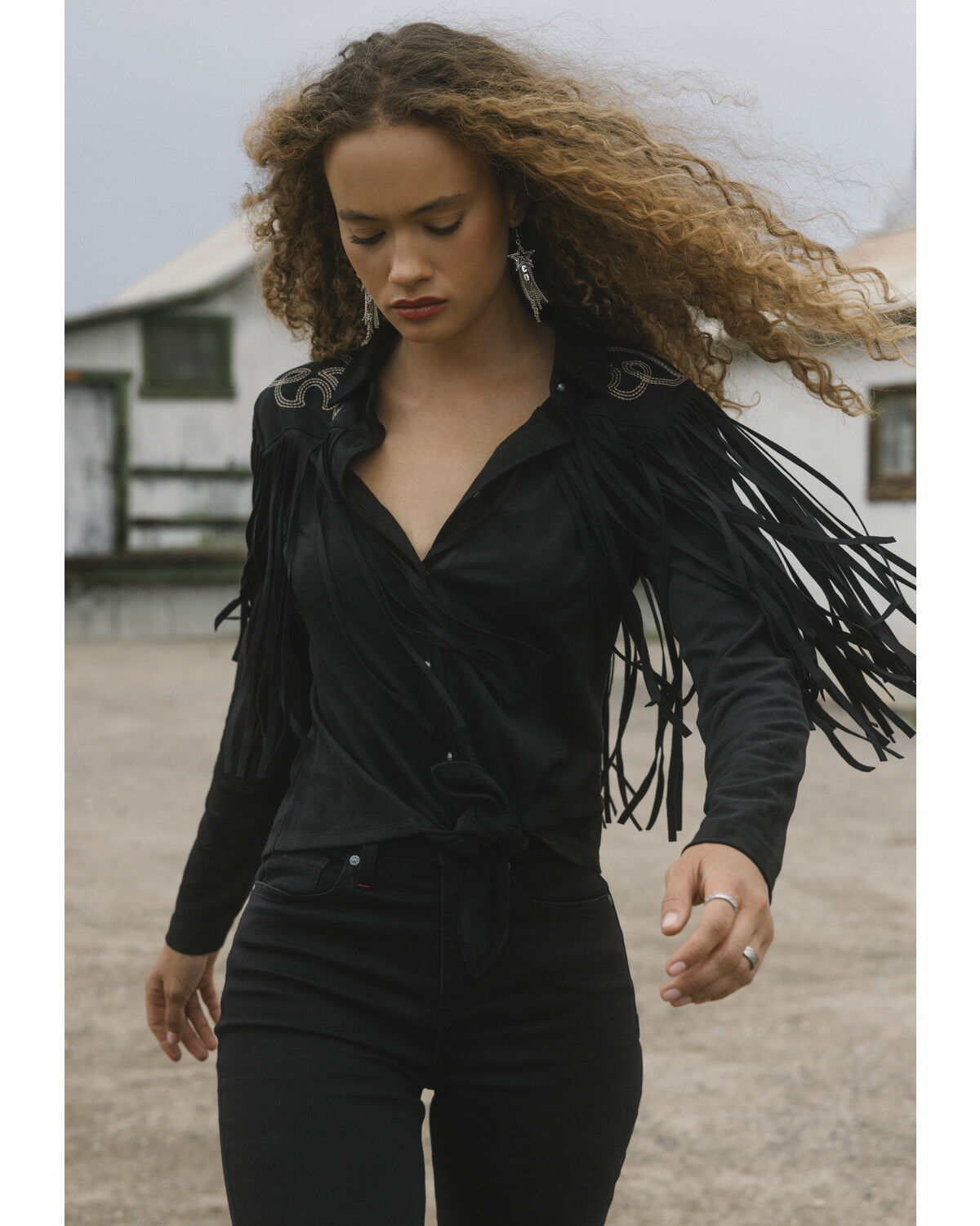 Idyllwind Women's McKinney Faux Suede Long Sleeve Fringe Top, Black, hi-res