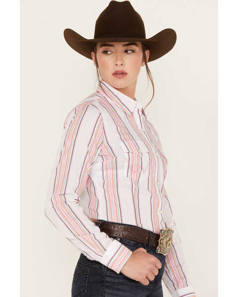 Image #2 - Wrangler Women's Striped Long Sleeve Western Pearl Snap Shirt, Pink, hi-res