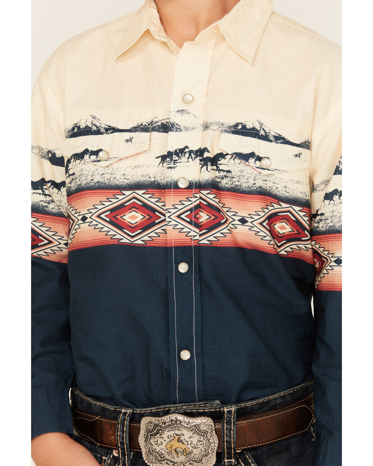 Image #3 - Roper Boys' Vintage Running Horses Boarder Long Sleeve Snap Western Shirt, Ivory, hi-res