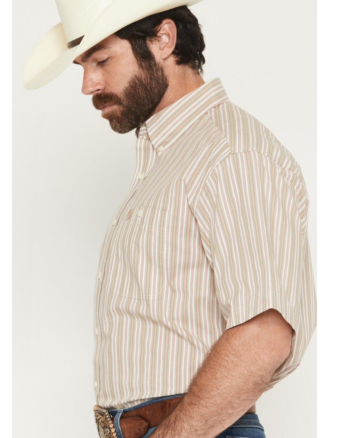 Image #2 - George Strait by Wrangler Men's Striped Short Sleeve Button-Down Stretch Western Shirt - Big, Tan, hi-res