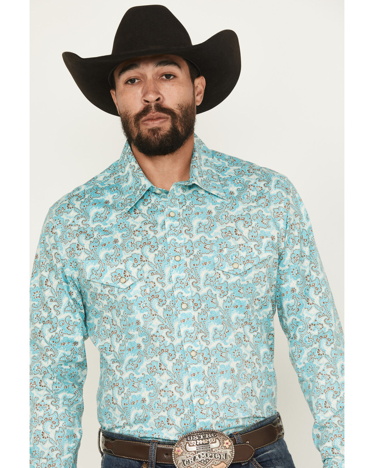 Image #2 - Rock & Roll Denim Men's Paisley Print Long Sleeve Snap Stretch Western Shirt, Turquoise, hi-res