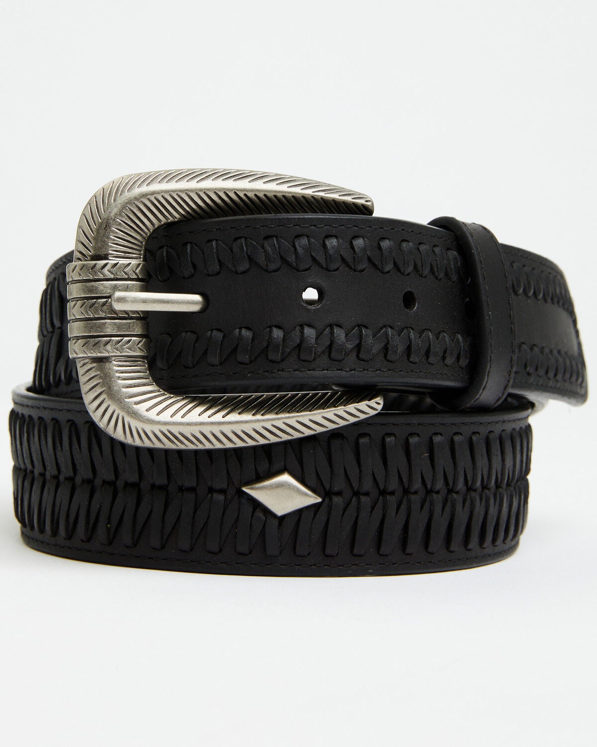 Image #1 - Cody James Men's Diamond Medallion Whipstitch Leather Belt, Black, hi-res