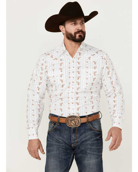 Ely Walker Men's Floral Striped Long Sleeve Pearl Snap Western Shirt - Big , White, hi-res