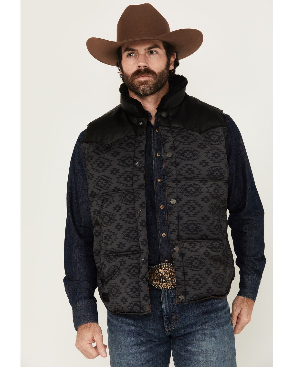 Cody James Men's Rocker Tonal Southwestern Print Puffer Vest, Black, hi-res